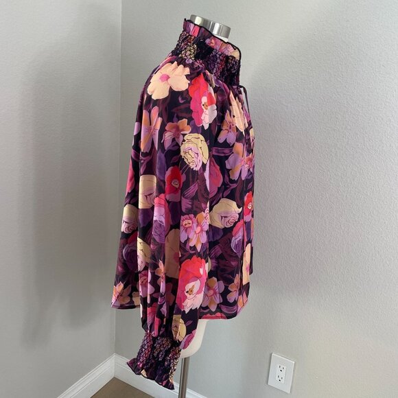 NEW Jodifl Womens Small Floral High Smocked Neck Long Sleeve Blouse Shirt - Picture 7 of 13